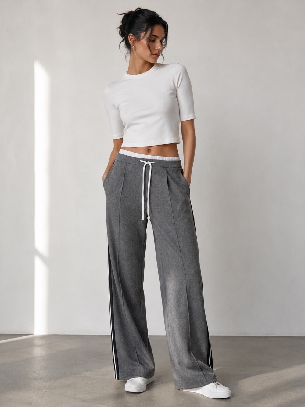 ZARA Wide Leg Side Stripe Track Pants Heather Gray NWT Small